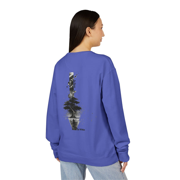 ZENIQBySAU | Zen Inspired Crewneck Sweatshirt, Unisex Garment Dyed Pullover, Comfortable Design, Ideal for Relaxation, Perfect Gift for Nature Lovers