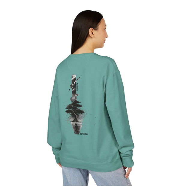 ZENIQBySAU | Zen Inspired Crewneck Sweatshirt, Unisex Garment Dyed Pullover, Comfortable Design, Ideal for Relaxation, Perfect Gift for Nature Lovers