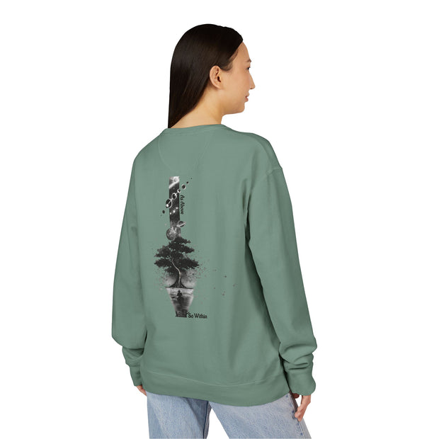 ZENIQBySAU | Zen Inspired Crewneck Sweatshirt, Unisex Garment Dyed Pullover, Comfortable Design, Ideal for Relaxation, Perfect Gift for Nature Lovers
