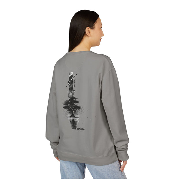 ZENIQBySAU | Zen Inspired Crewneck Sweatshirt, Unisex Garment Dyed Pullover, Comfortable Design, Ideal for Relaxation, Perfect Gift for Nature Lovers