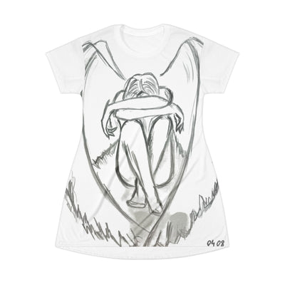 ZENIQ by SAÜ | Emotional Angel T-Shirt Dress - AOP, Casual Cool Dress, Feminine Statement Wear, Unique Artwork Dress, Gift for Art Lovers