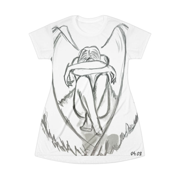 ZENIQ by SAÜ | Emotional Angel T-Shirt Dress - AOP, Casual Cool Dress, Feminine Statement Wear, Unique Artwork Dress, Gift for Art Lovers